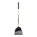 Black dustpan with long handle on a white background