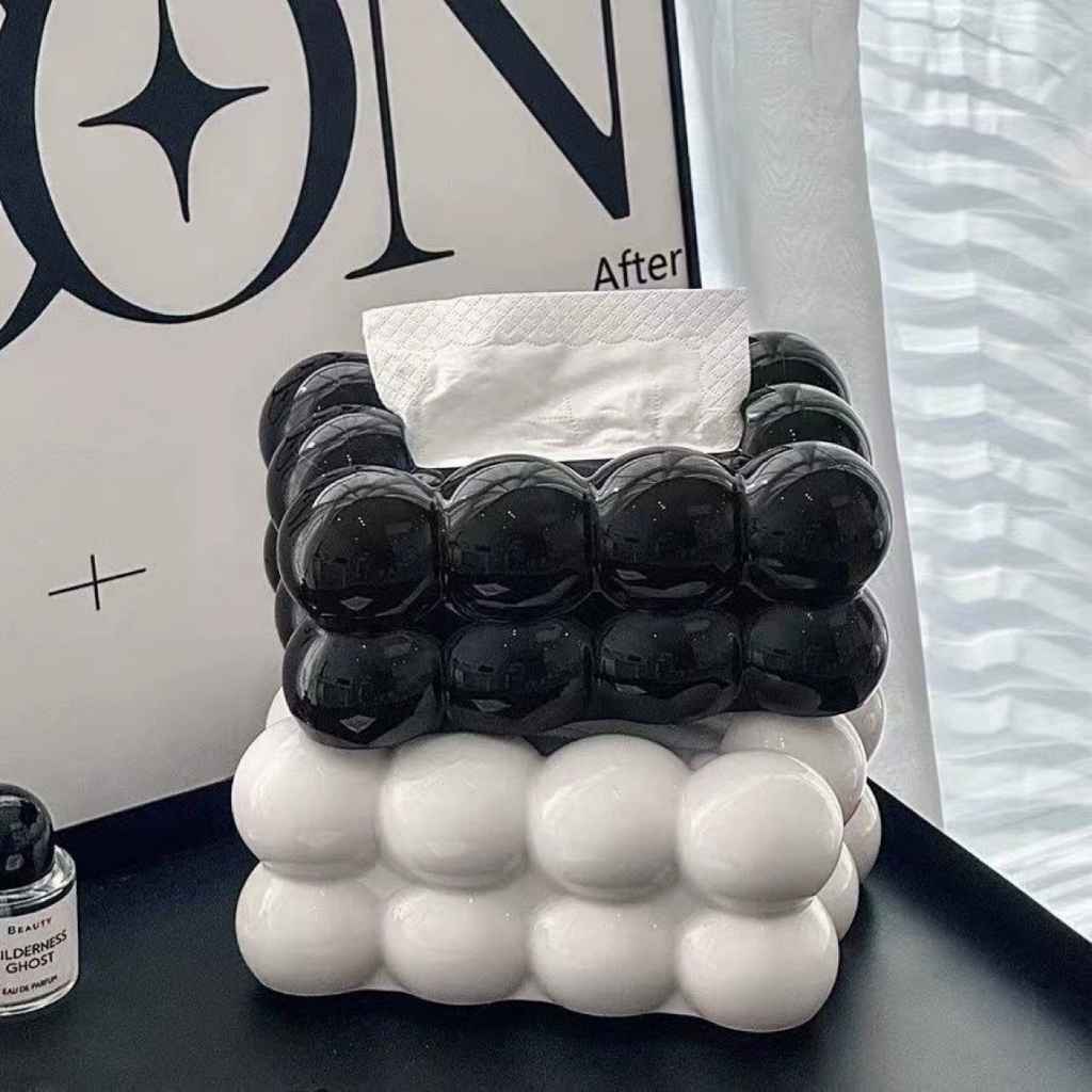 Modern Bubble Tissue Box Cover – Black & White Glossy Decorative Holder For Napkins Or Tissues