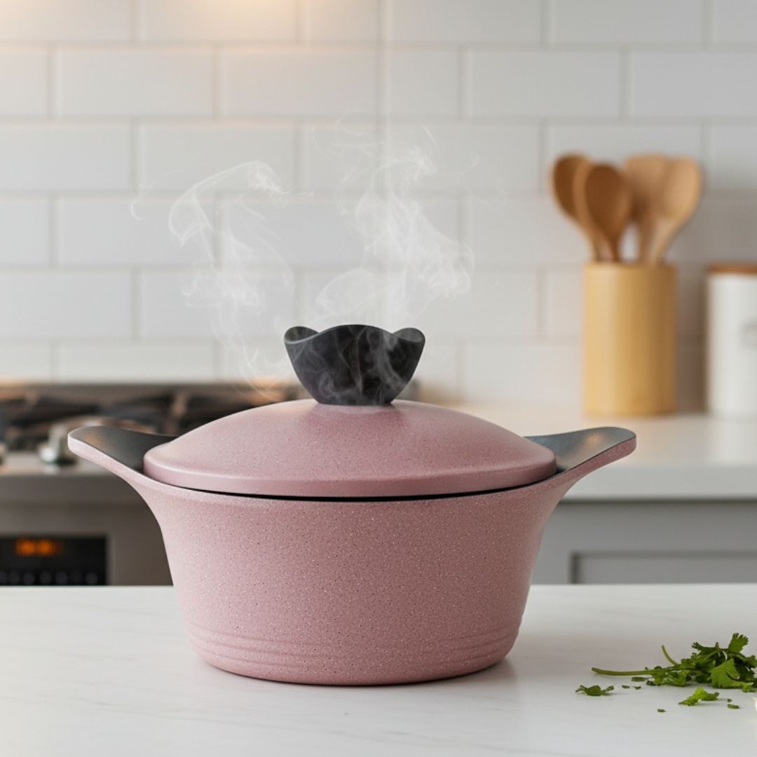 Pink ceramic pot with a lid on a kitchen counter
