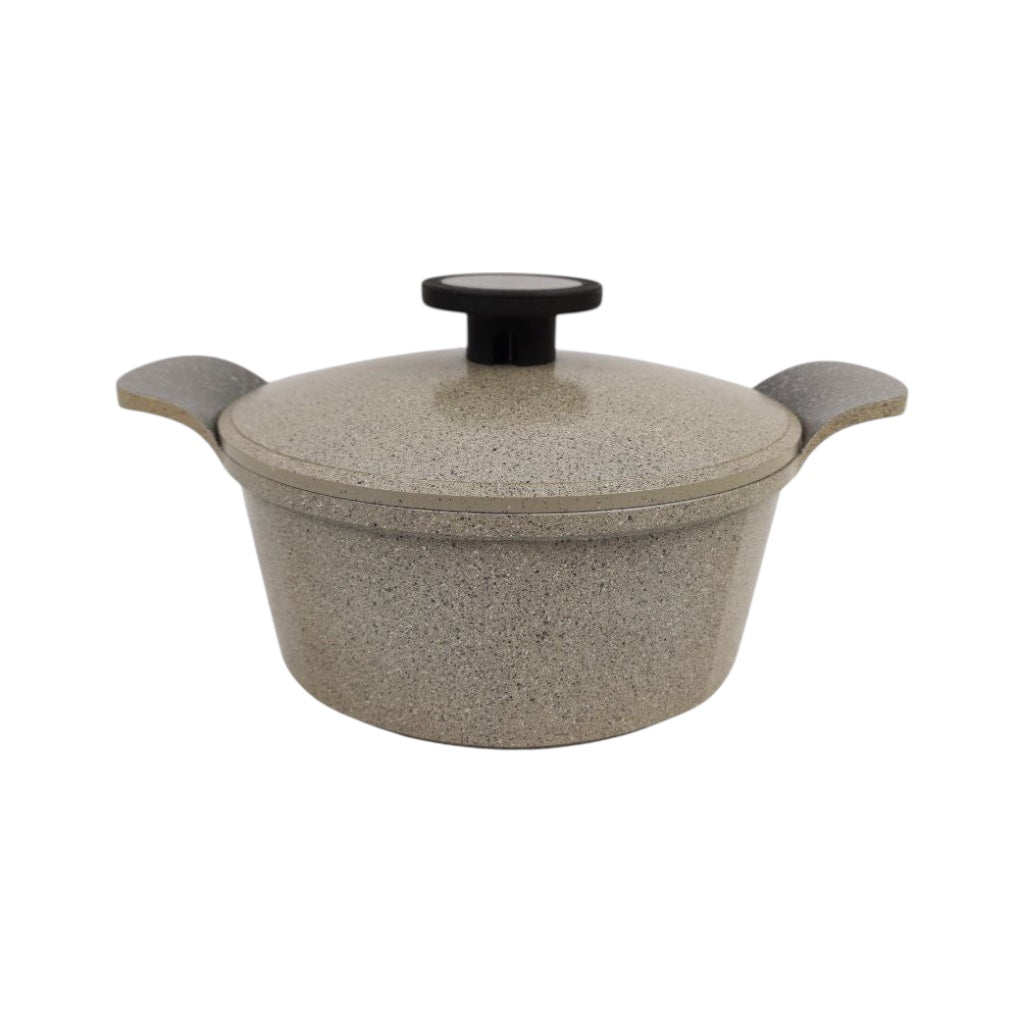 Stone-textured cooking pot with a lid on a white background