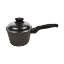 Black saucepan with a lid on a white background