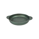 Green ceramic baking dish with speckled pattern on a white background