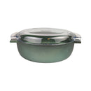 Green glass bowl with a clear lid on a white background