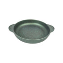Green speckled ceramic baking dish on a white background
