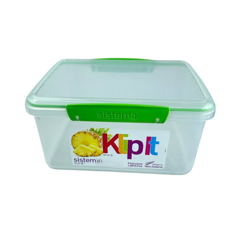 Large Sistema Klip It food storage container with green locking clips and clear lid, BPA-free and made in New Zealand | Cupindy