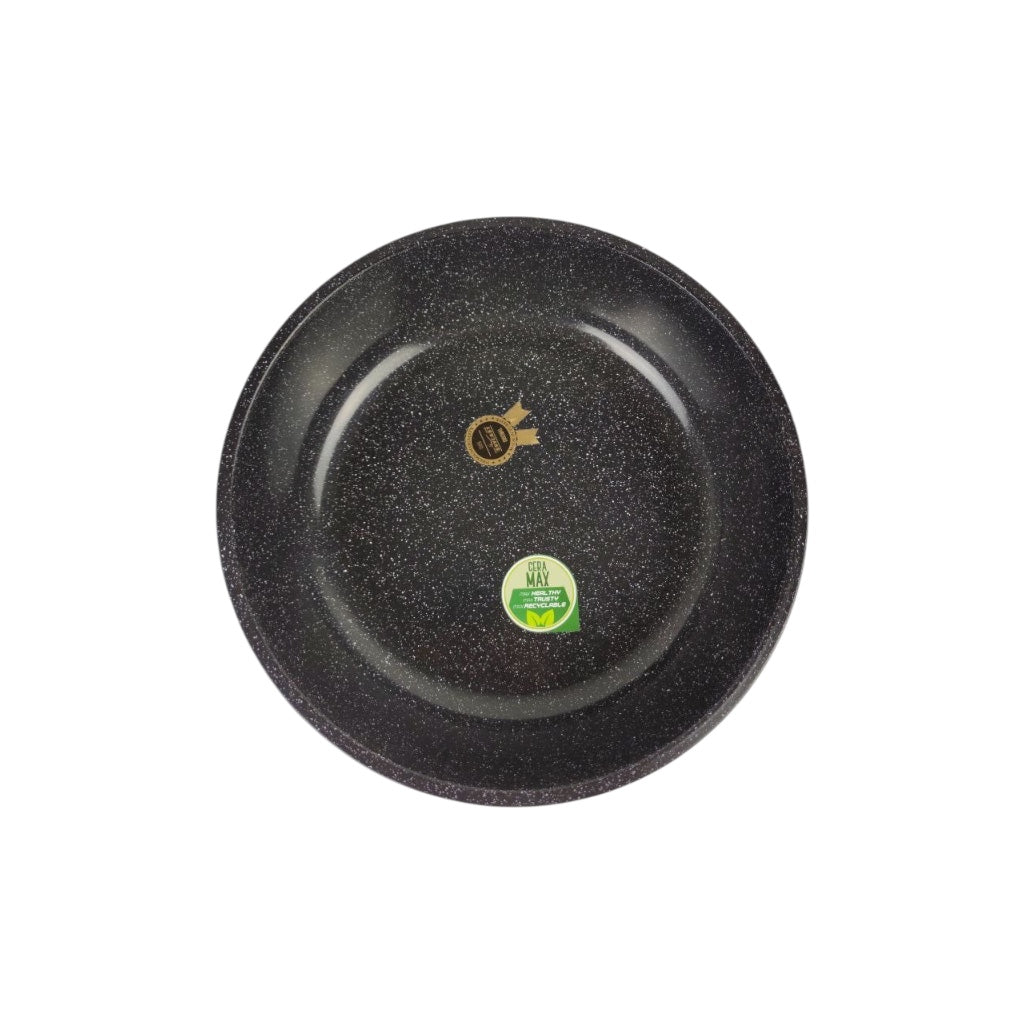 Black speckled frying pan with a logo and label on a white background