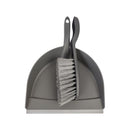 Gray dustpan and brush set on a white background