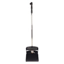 Black dustpan with long handle on a white background