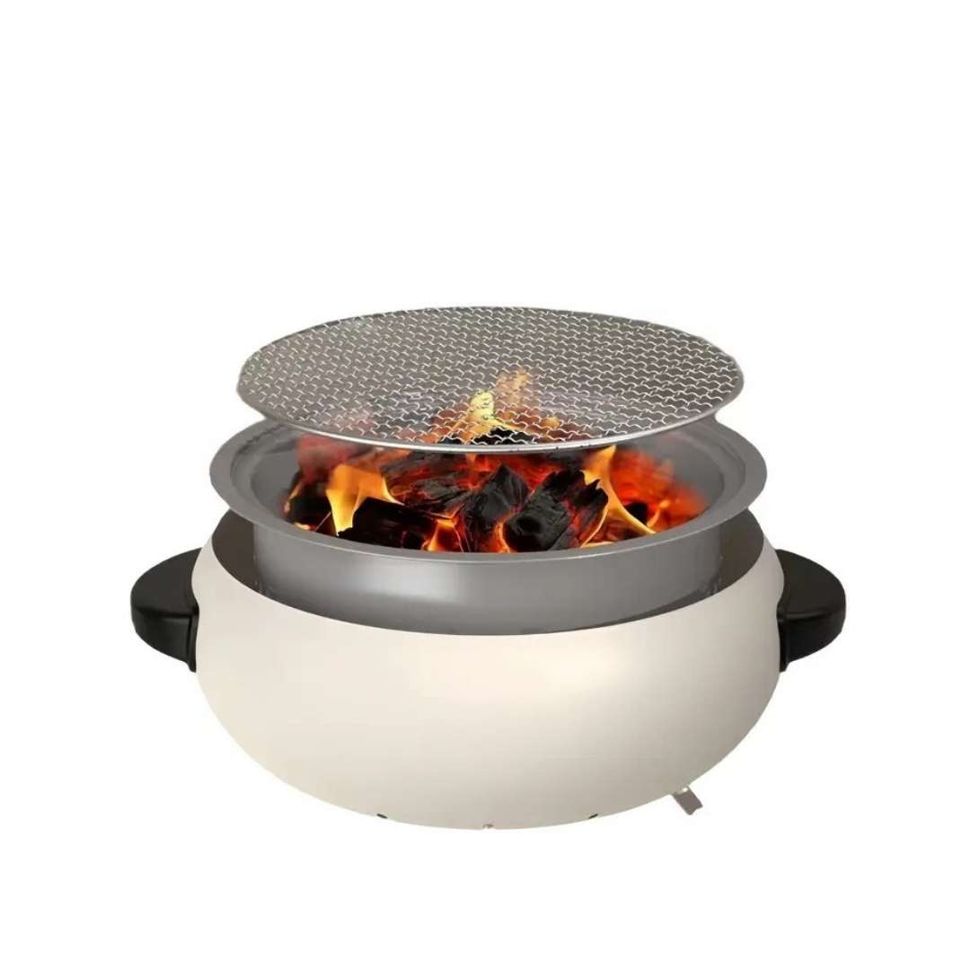Portable fire pit with flames and a metal mesh cover on a white background