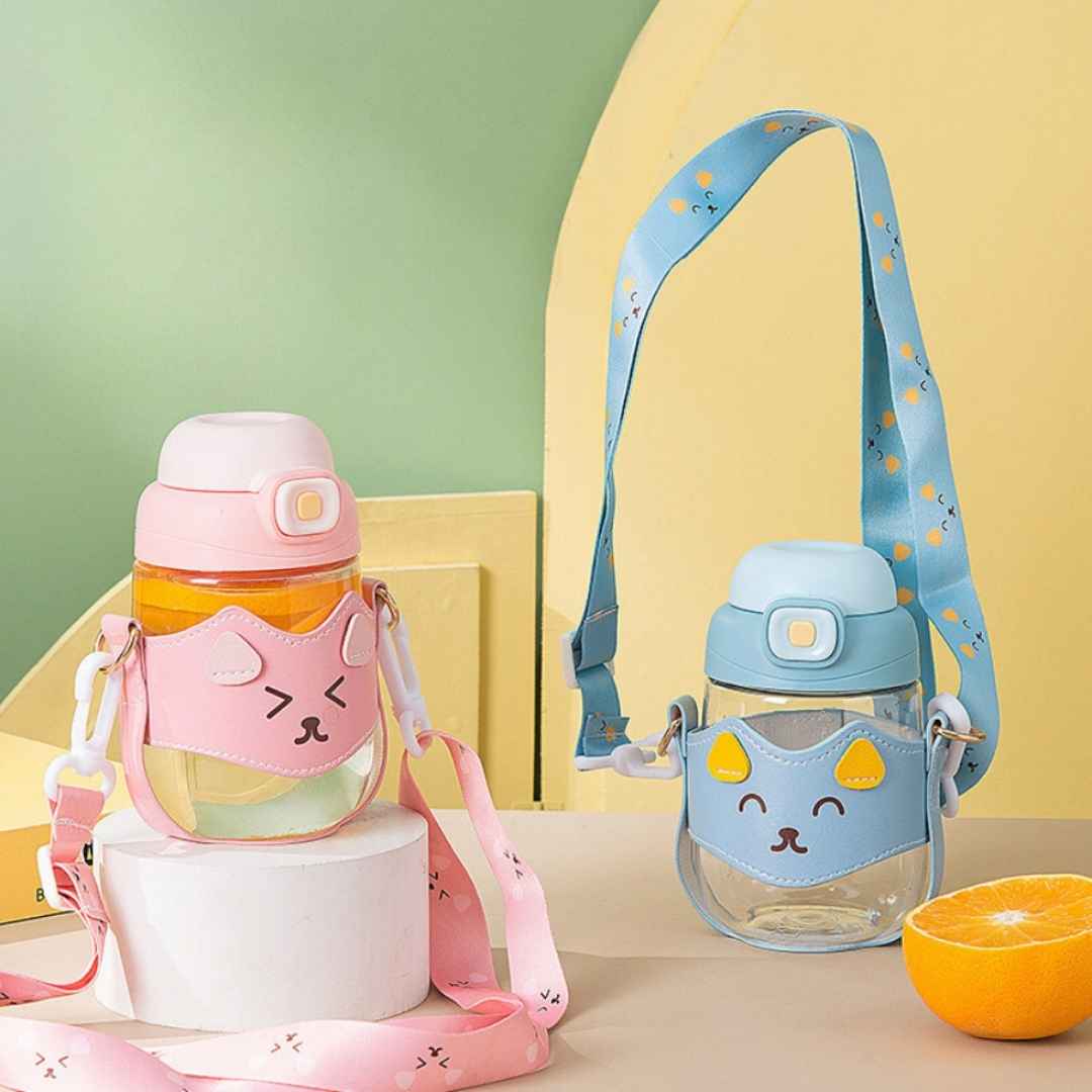 Adorable animal-themed glass bottle with lid and carry strap for children