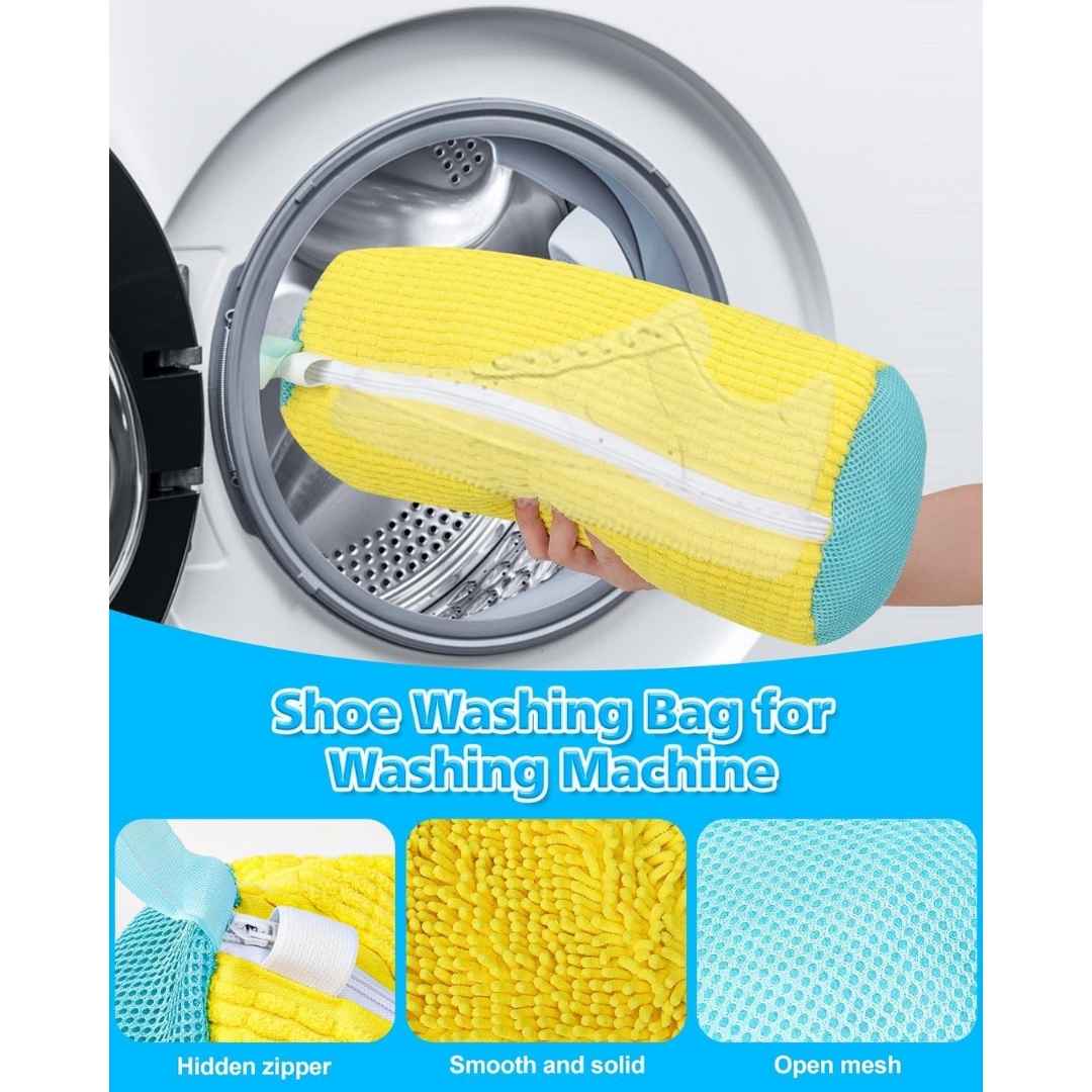 Yellow shoe washing bag with text 'Shoe Washing Bag for Washing Machine' on a white background