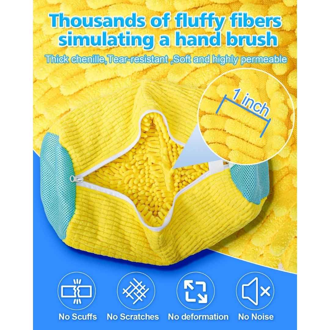 Yellow chenille blanket with text about fluffy fibers and product features on a blue background