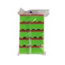 Pack of green and pink sponges in clear plastic packaging on a white background