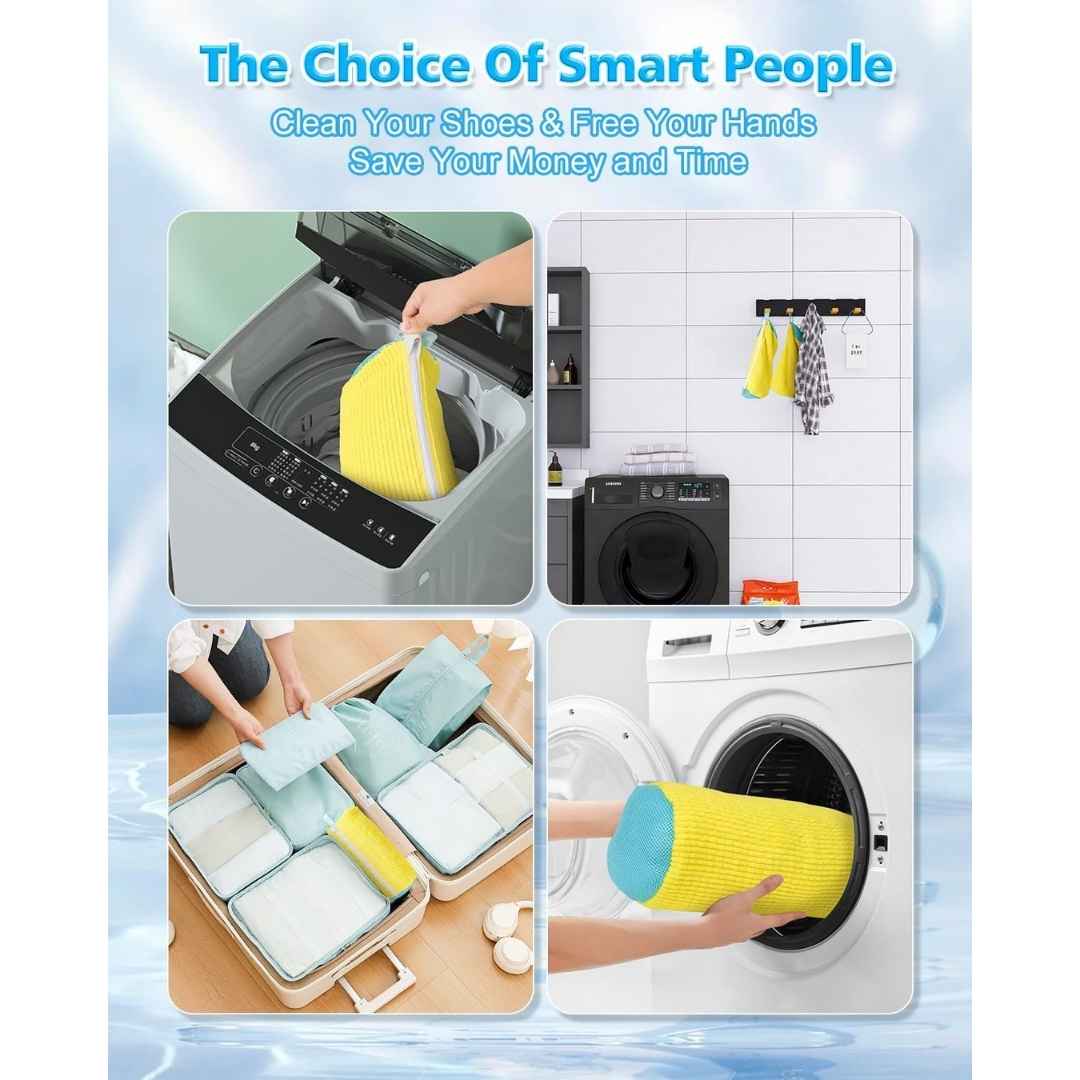 Product advertisement showing a washing machine, cleaning tools, and text about smart people choosing this product.