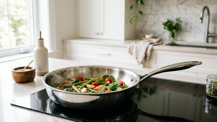 Stainless steel pans stacked on a hob