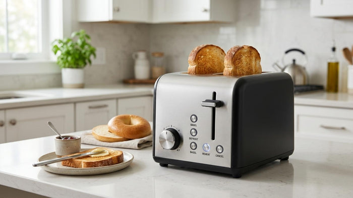 Two-slice toaster on a kitchen counter