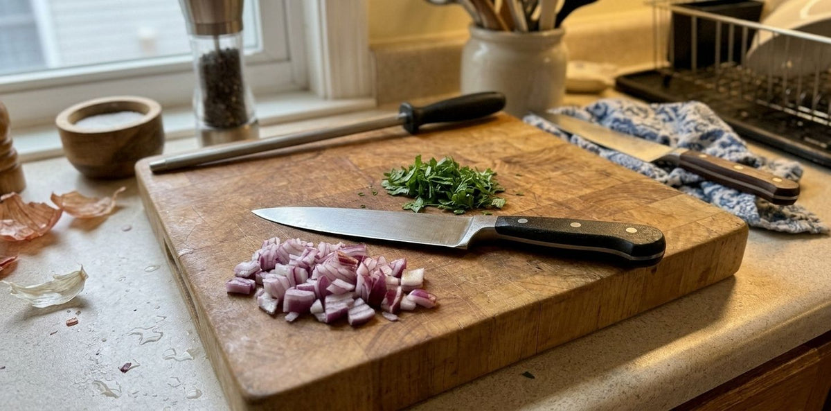 Two 8-inch chef's knives on a wooden cutting board, one with a black handle and one with a wood handle, next to diced red onion, parsley and a honing steel