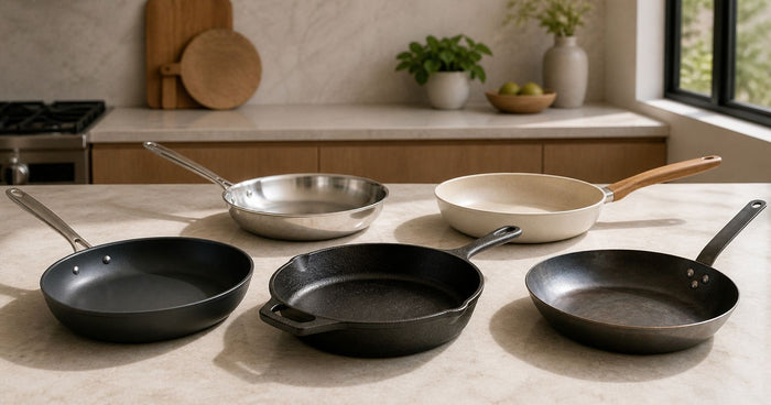 Frying pans in different materials side by side