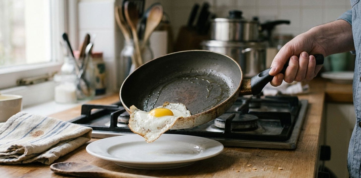 A fried egg sliding out of a dark non-stick frying pan onto a plain white plate on a home stovetop