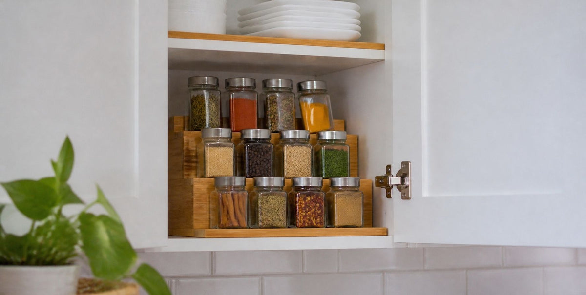 Bamboo tiered spice rack with square glass spice jars inside an open white kitchen cabinet