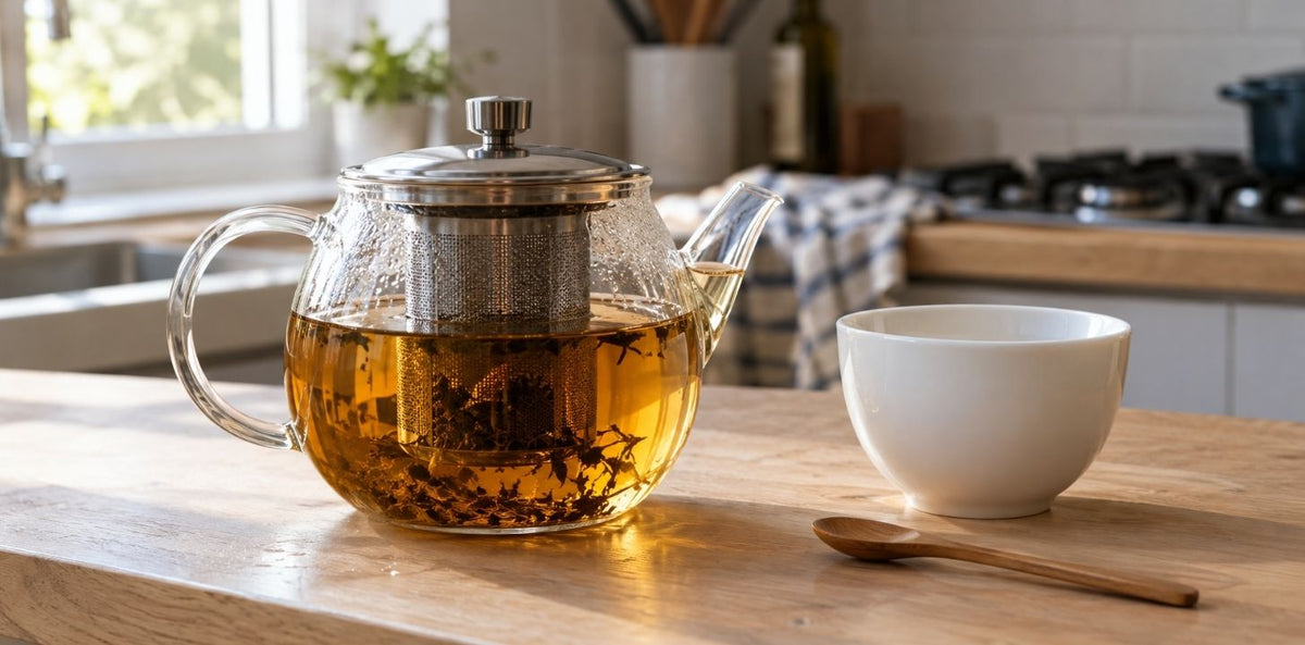 Glass teapot with a stainless steel infuser basket and steeping loose-leaf tea on a kitchen counter next to a white teacup