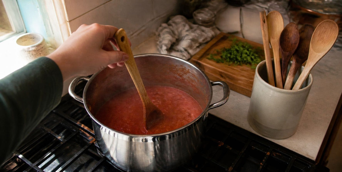 Wooden spoon for cooking stirring tomato sauce in a pot, with more wooden spoons in a crock beside the stove
