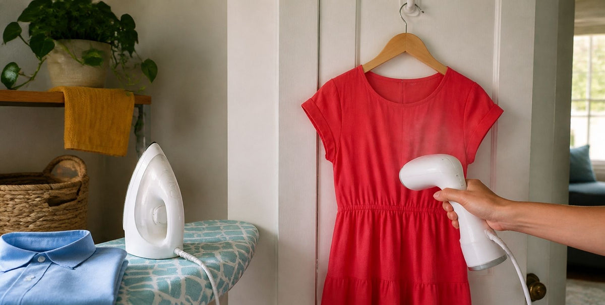 Handheld steamer used on a red dress on a hanger, next to a steam iron on an ironing board