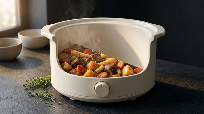 Slow cooker with a ceramic insert holding stew