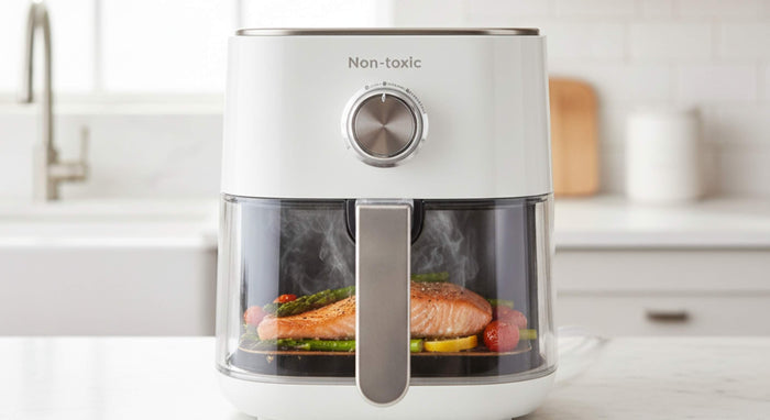 Air fryer basket on a kitchen worktop