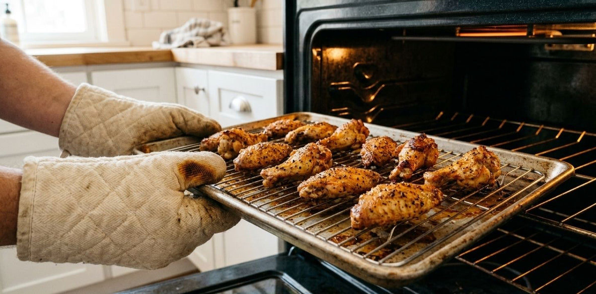 Stainless steel baking rack in a sheet pan of crispy chicken wings, lifted from a hot oven in oven mitts