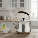 Stainless steel kettle with black handle on a kitchen counter