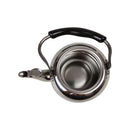 Stainless steel kettle with black handle on a white background