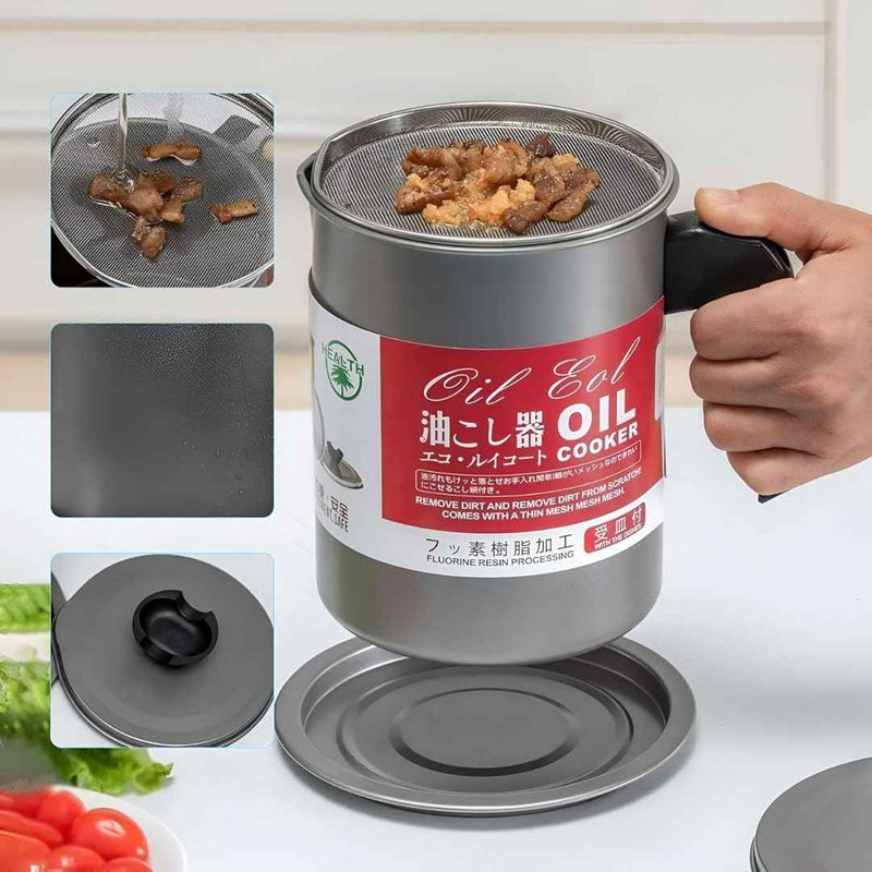 Oil-less Cooker with a hand holding it, showing its components on a kitchen background.