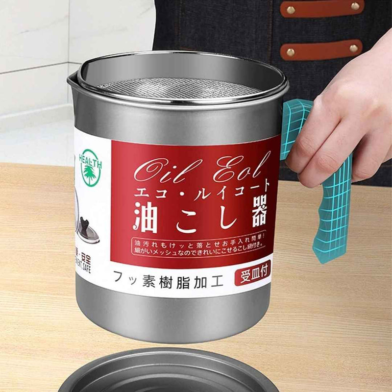 Canister with a red label on a wooden surface