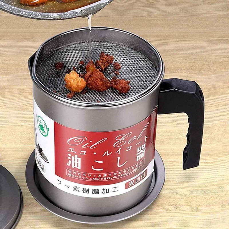 Kitchen tool with a strainer on top, used for draining oil from fried food.