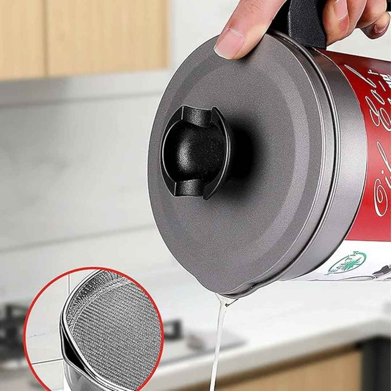 Person using a coffee filter with a red coffee can in the background