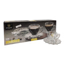 City Glass Twist set packaging with glass cups and saucers on a white background