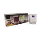 Clear glass tumbler with a box labeled 'Colombia' on a white background