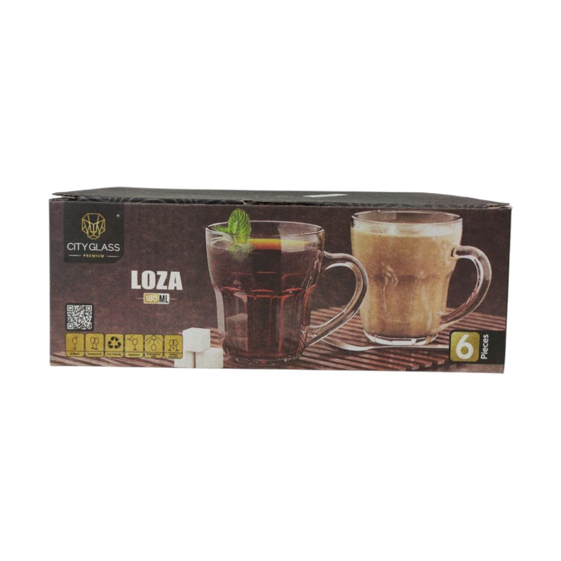 Box of Loza City Glass mugs with two mugs on a wooden surface.