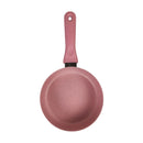 Pink frying pan with a handle on a white background