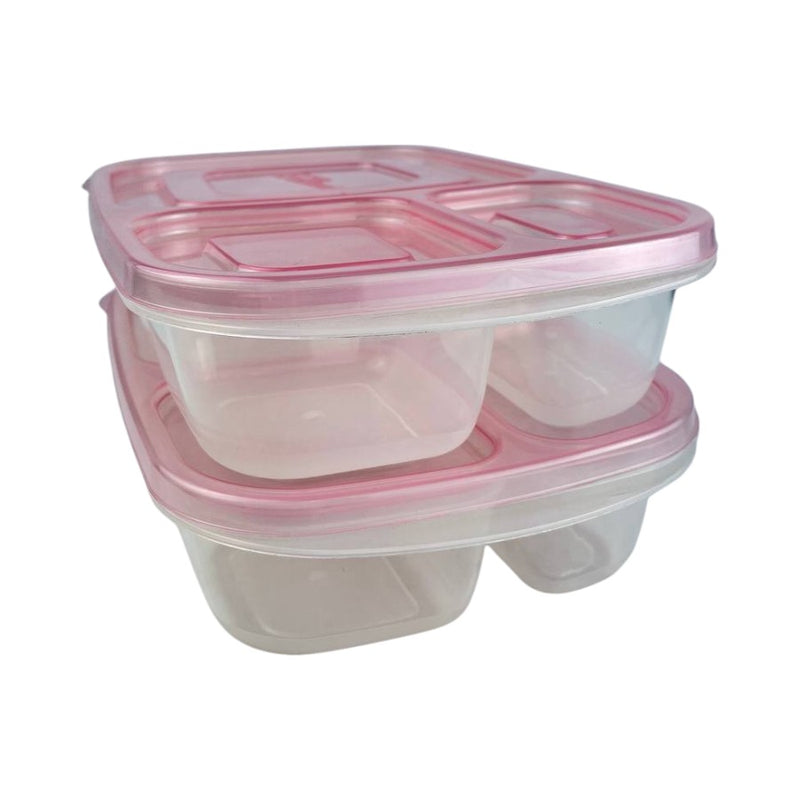 Two pastel pink E-Z Lock food containers stacked together, featuring divided compartments for organized storage | Cupindy