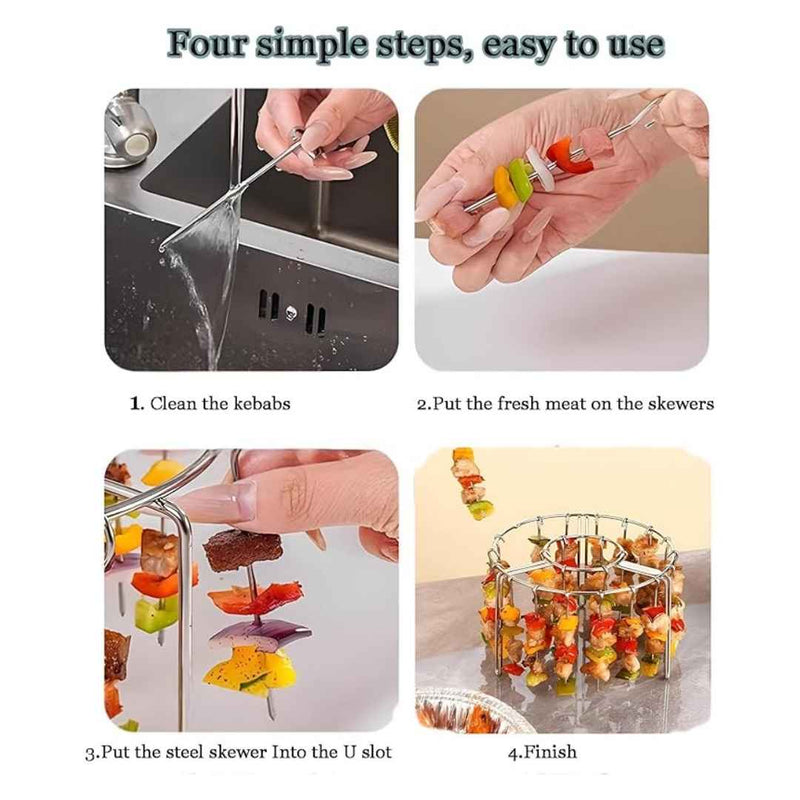 Step-by-step guide on using a skewer tool with images of cleaning, preparing, and assembling skewers.