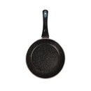 Black speckled frying pan with a blue handle on a white background