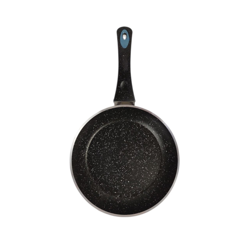 Black speckled frying pan with a blue handle on a white background