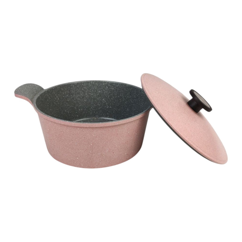 Pink speckled cookware with a black interior and lid on a white background