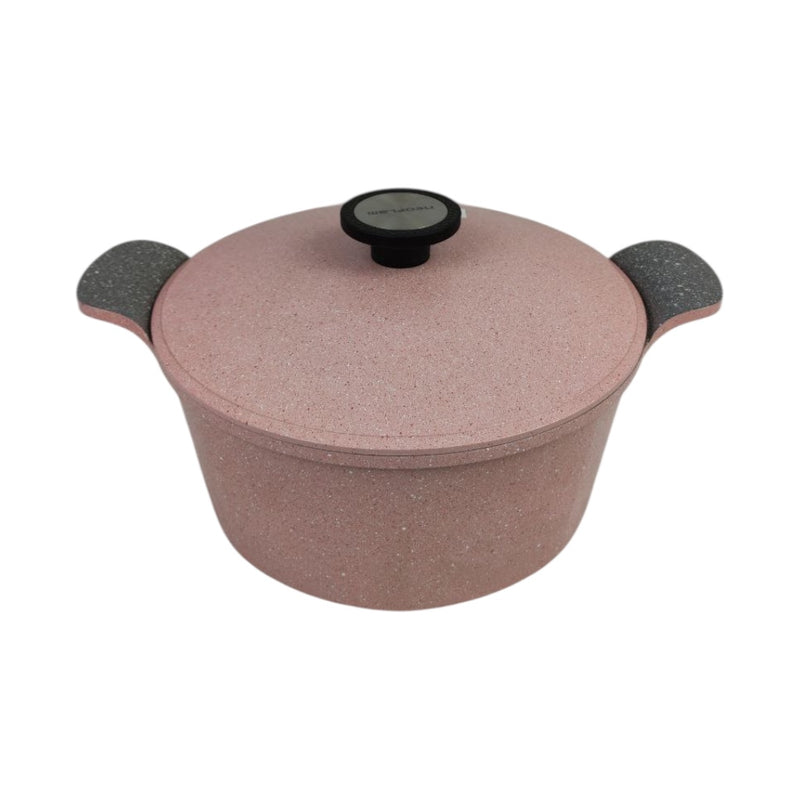 Pink cookware pot with black handles and lid on a white background