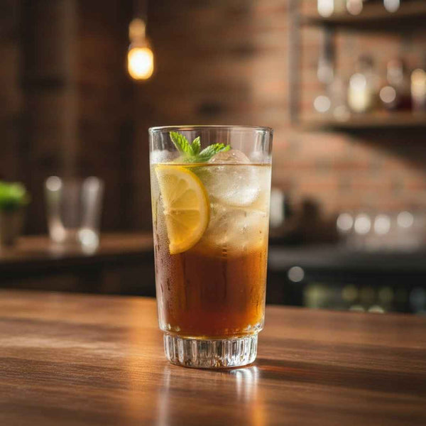 Iced beverage with lemon and mint in a glass on a wooden bar counter.