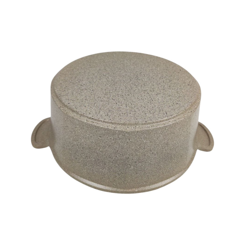 Round stone-like object with handles on a white background