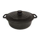 Black cast iron cookware pot with lid on a white background