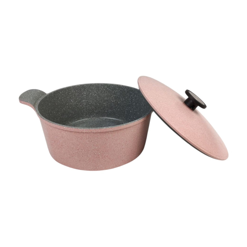 Pink cookware set with a speckled interior on a white background